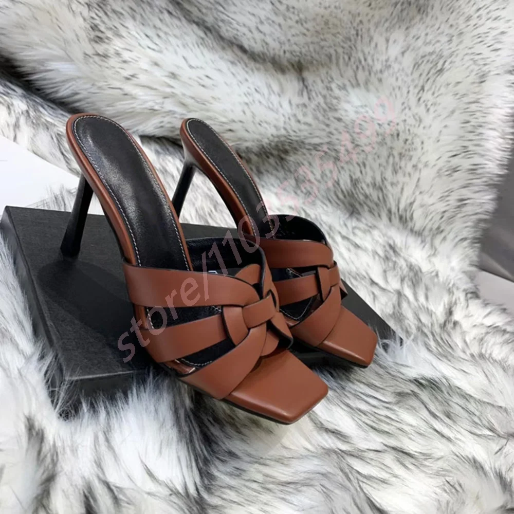 

Open Toe Woven Sexy Ladies Stiletto Slippers 2025 Summer New Casual Beach Seaside Slip On Slippers Solid Color Fashion Sandals