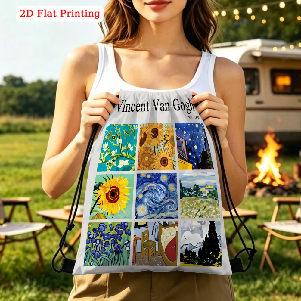 Artistic Style, Drawstring Backpack, Vincent Van Gogh Classic Paintings Print, Fitness Sports Bag, Outdoor Travel Cinch Sack