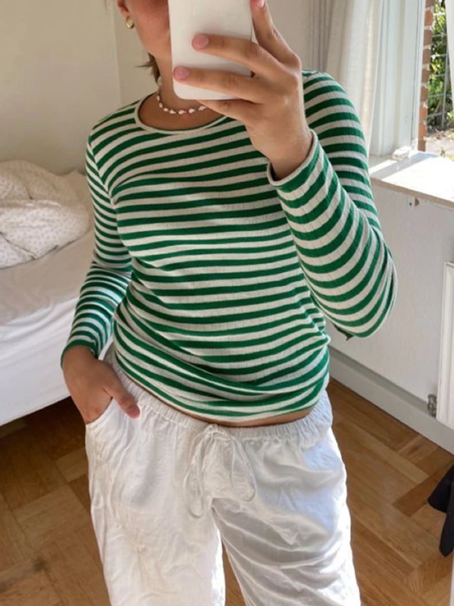 Y2K Cottage Striped Rib Knitted T-shirt Women Long Sleeve Casual Basic Tees Pullovers Vintage Preppy Style Crop Tops Clothes