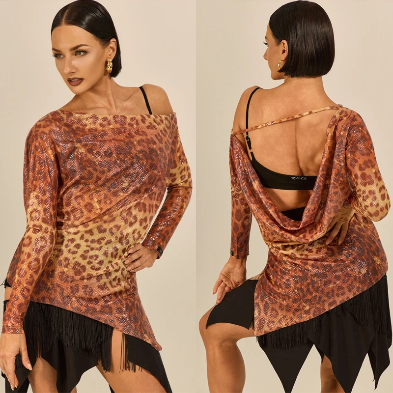 Sexy Backless Latin Dance Tops Women Leopard Latin Dance Competition Top Adults Long Sleeves Latin Dance Training Wear SL16081