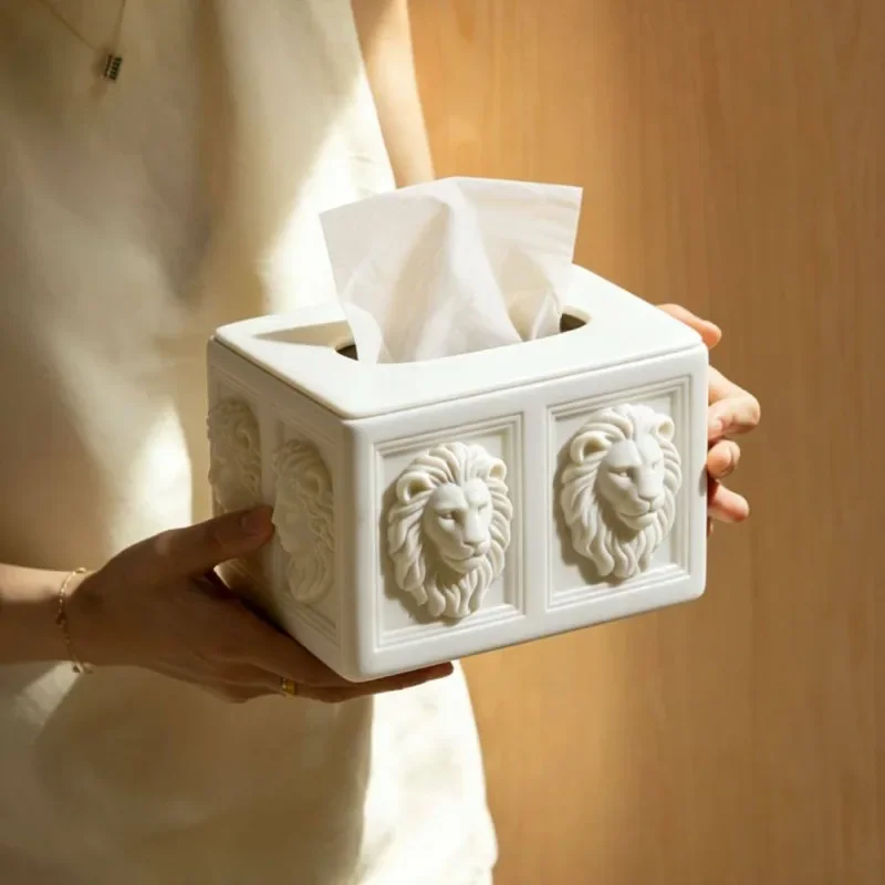 European Retro Lion Embossed Tissue Box Ceramic Square Drawer Box Home Decorative Ornament