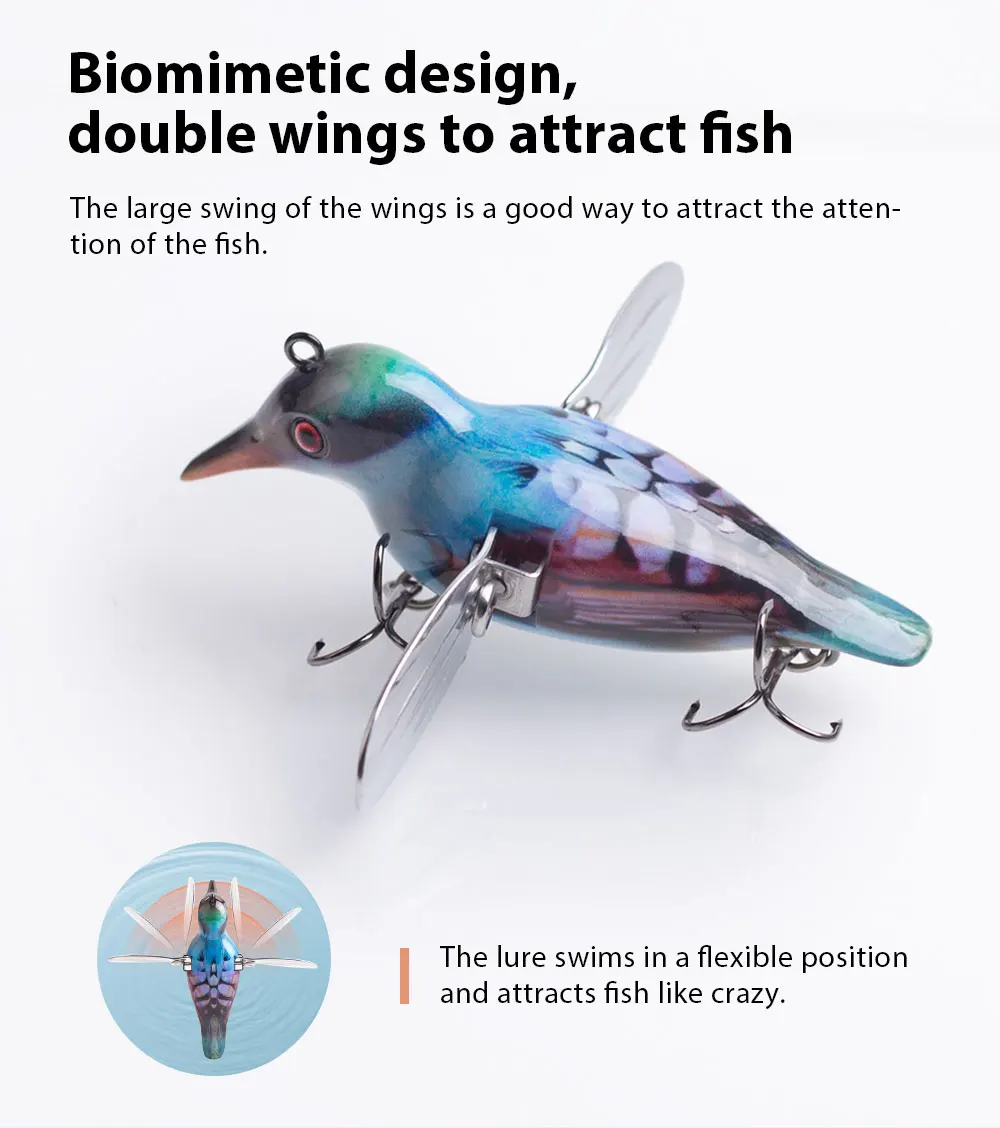 Hanlin 80mm/12g Vogel-Topwater-Popper-Köder, schwimmender Angelköder, Hartplastik-Metallflügel-Wobbler, Swimbait, Pesca, Hecht- und Barsch-Angelausrüstung – Detail 4
