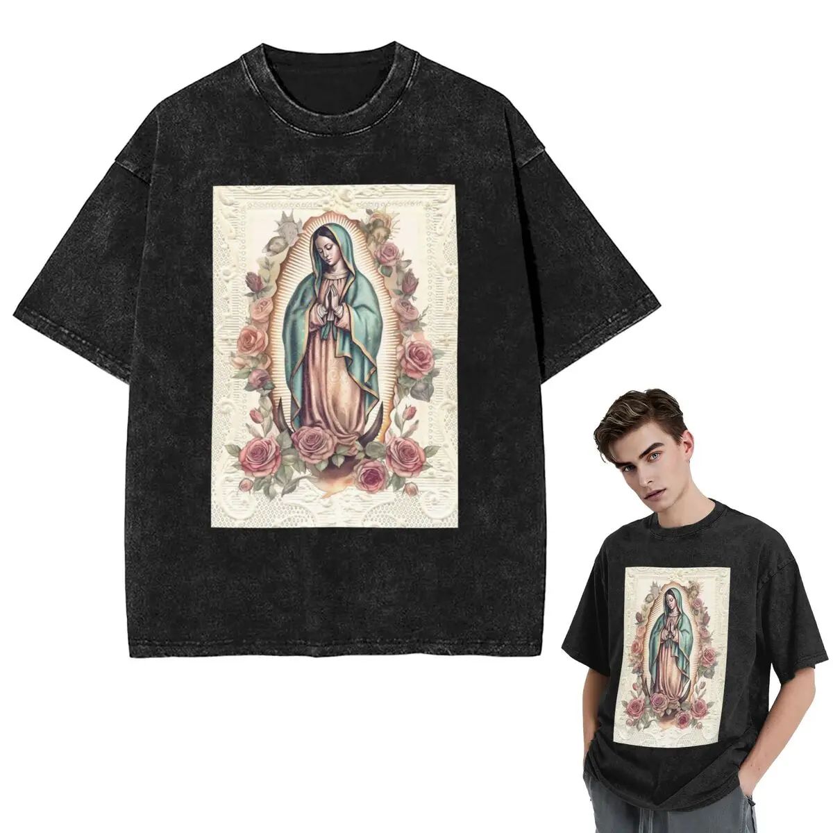 Streetwear T-Shirts Virgin Mary Of Guadalupe Mexico Catholic Saint Washed T Shirt Short Sleeve Hip Hop T-Shirt Tops Tees