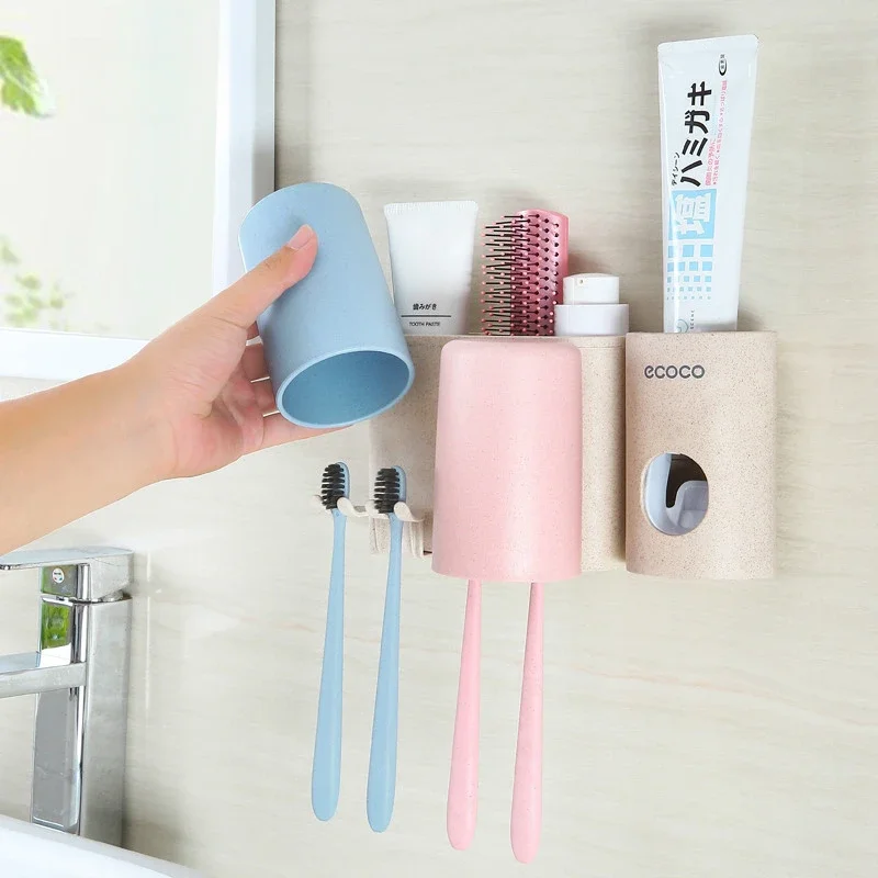 Wall Hanging Toothpaste Storage Rack, Bathroom Toothbrush Holder, Double Cup Washing, Punch-Free, Tooth Glass Suit, Couple