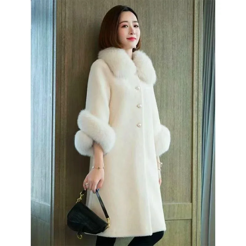 New Style Elegant Loose Coat Autumn Winter Fur Fur Collar Thickened Fur Coat Women