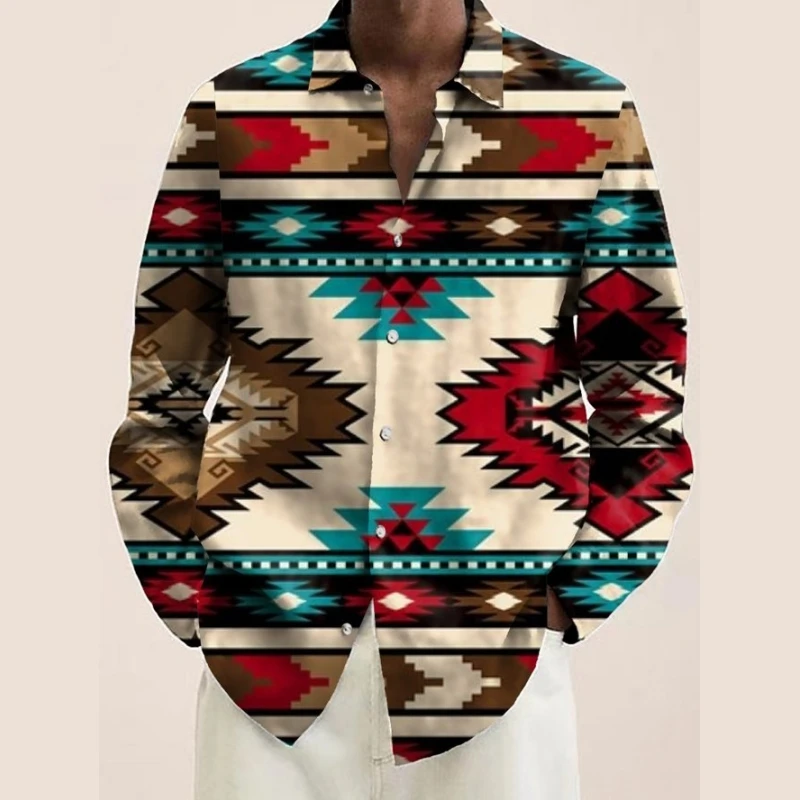 Vintage Ethnic Style Print Men\'s Shirts Casual Single-Breasted Blouses Long Sleeve Shirt Streetwear Lapel Tops Trend Men Clothes