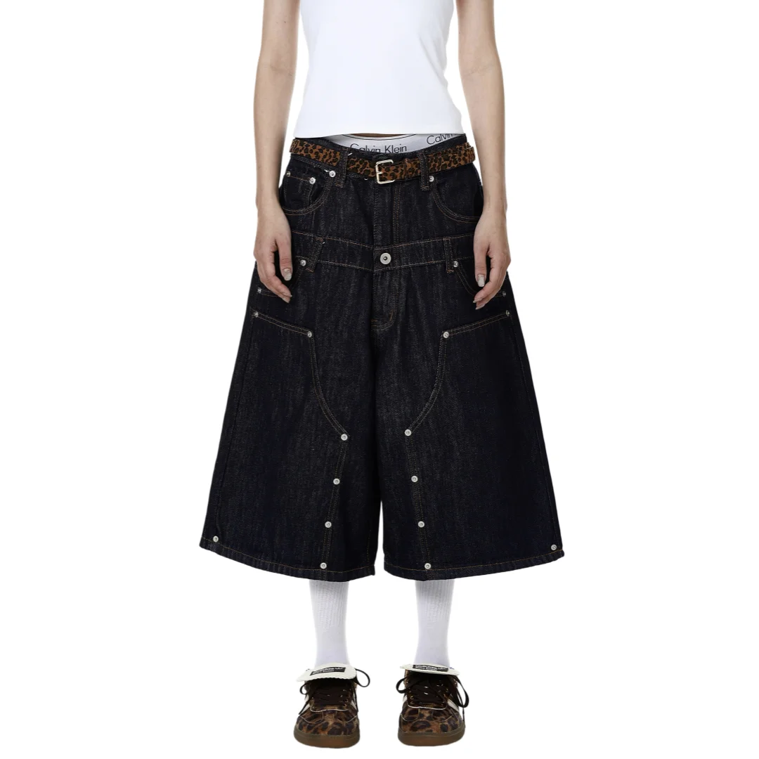 2026 Summer New American Deconstructed Rivet Denim Culottes Women Men High Waist Wide Leg Jorts Decorative Stitch Retro Jeans