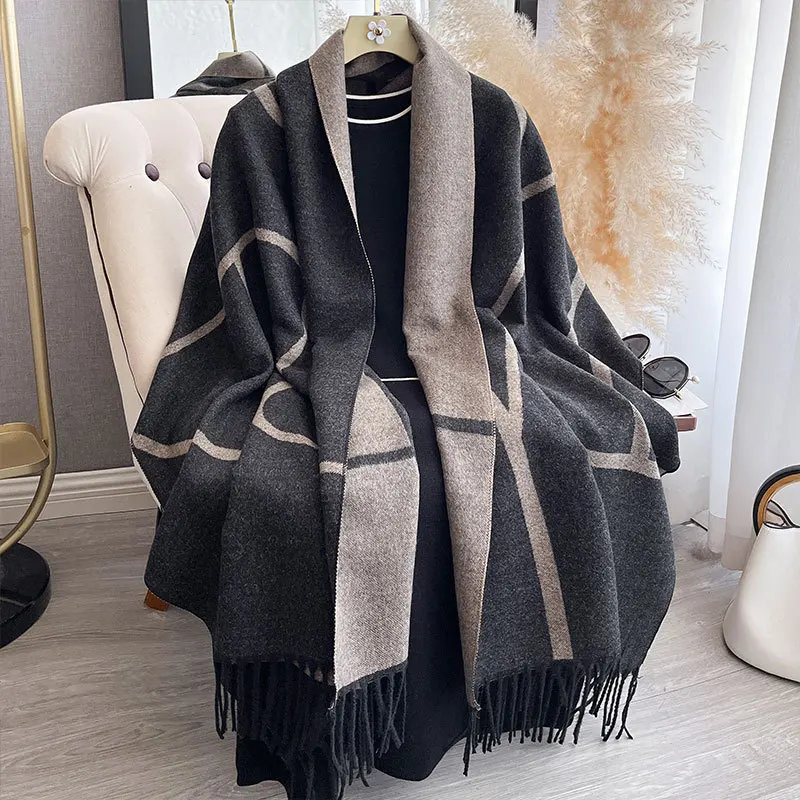 Women's Geometric Winter Scarf Oversized Faux Cashmere Shawl Wrap Soft Warm Color Block Fringe Scarf for Fall Winter 200x65cm
