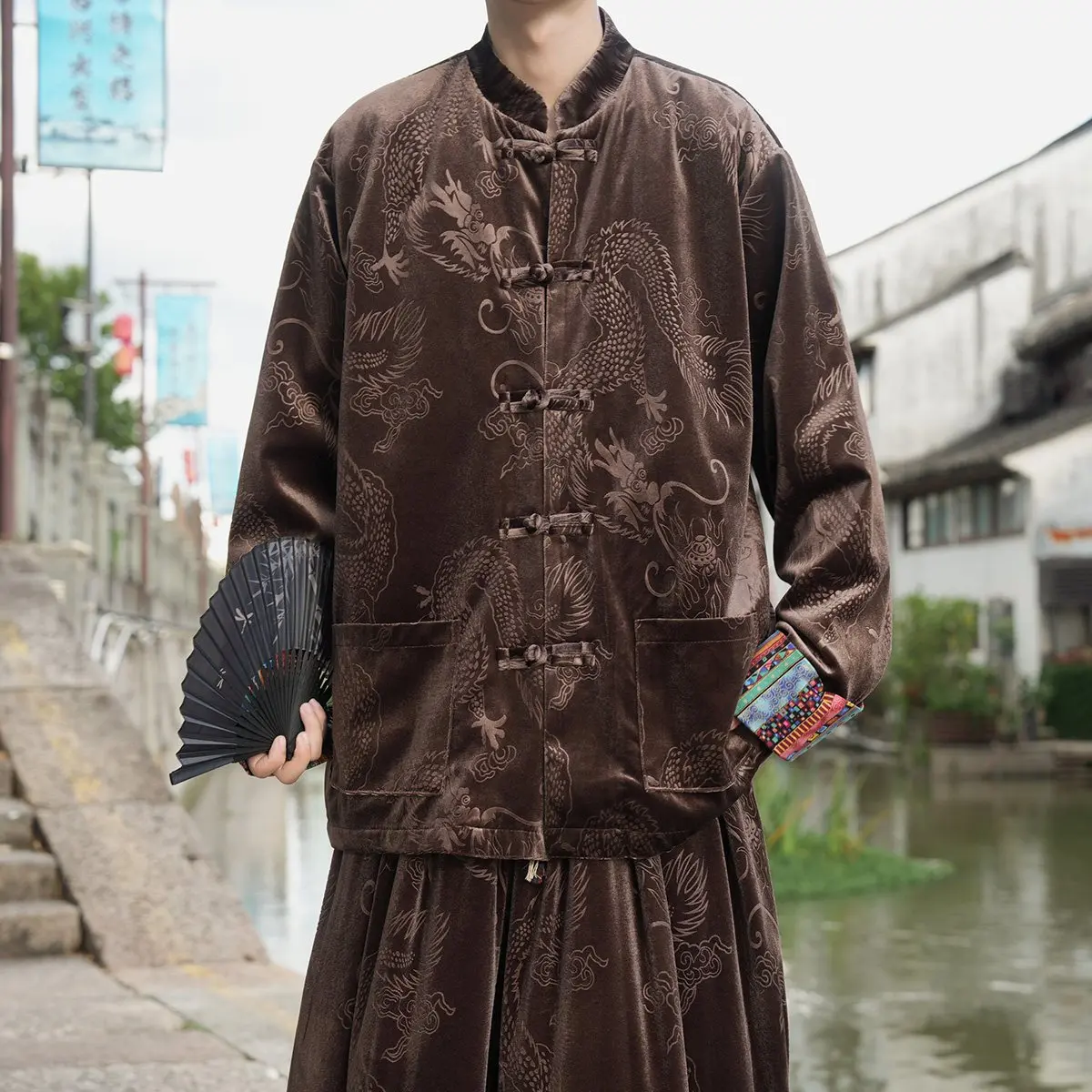New Chinese Style Patchwork Color Block Dragon Pattern Silk Velvet Men's Shirt Jacket Button up Loose Fit Long Sleeve Coat