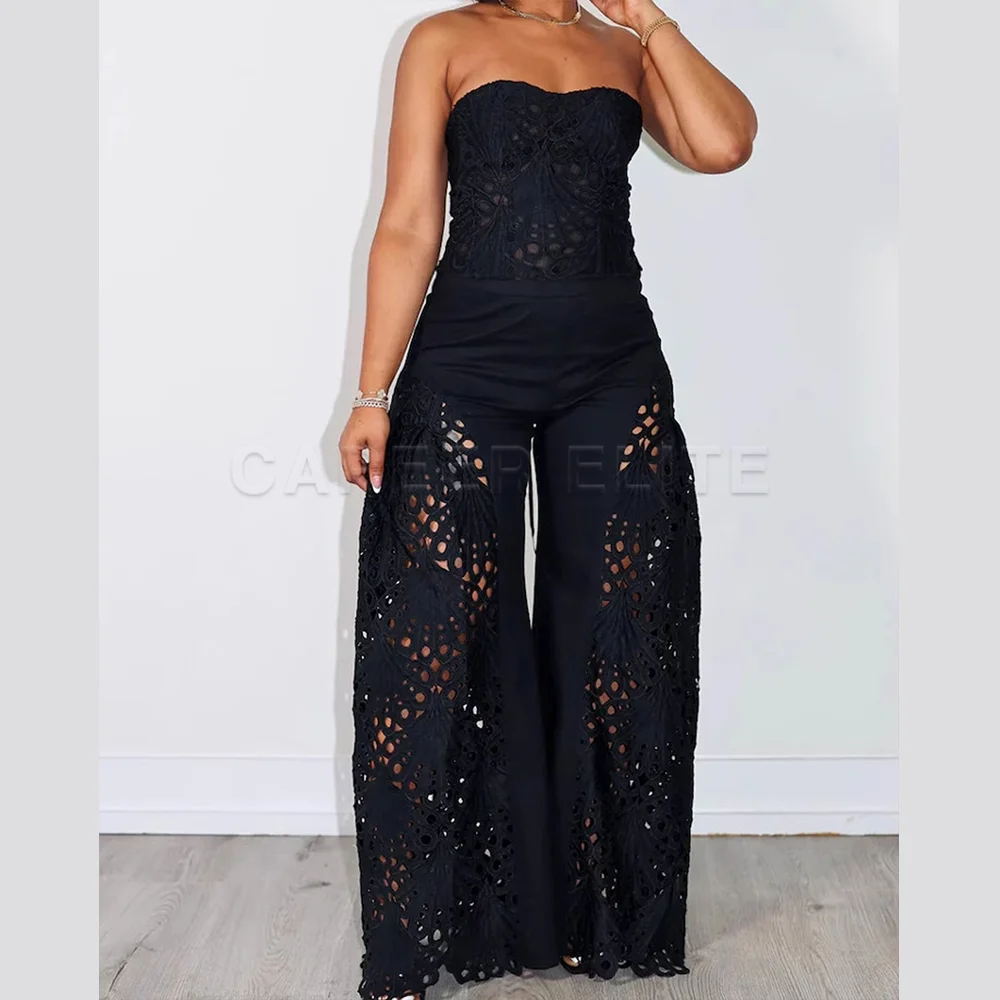 

Элегантный комбинезон без бретелек со сложной кружевной вышивкой и вырезами — изысканный выбор для вечерних мероприятий