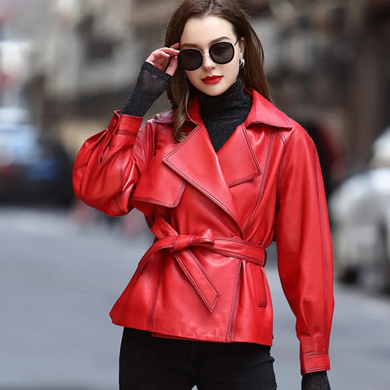 Leather Jacket Woman Spring Autmn Korean Fashion Suit Collar Belt Loose Short Red/Brown/Gray Real Sheepskin Coat New Outerwear