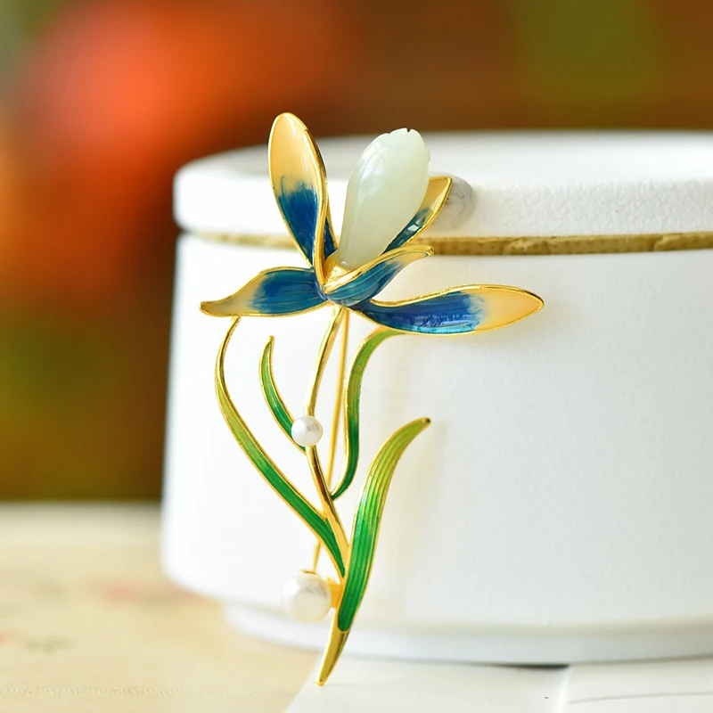 

Sterling Silver Hetian Jade Magnolia Brooch, Luxury Cloisonné Enamel Corsage, Elegant Chinese Jewelry Gift