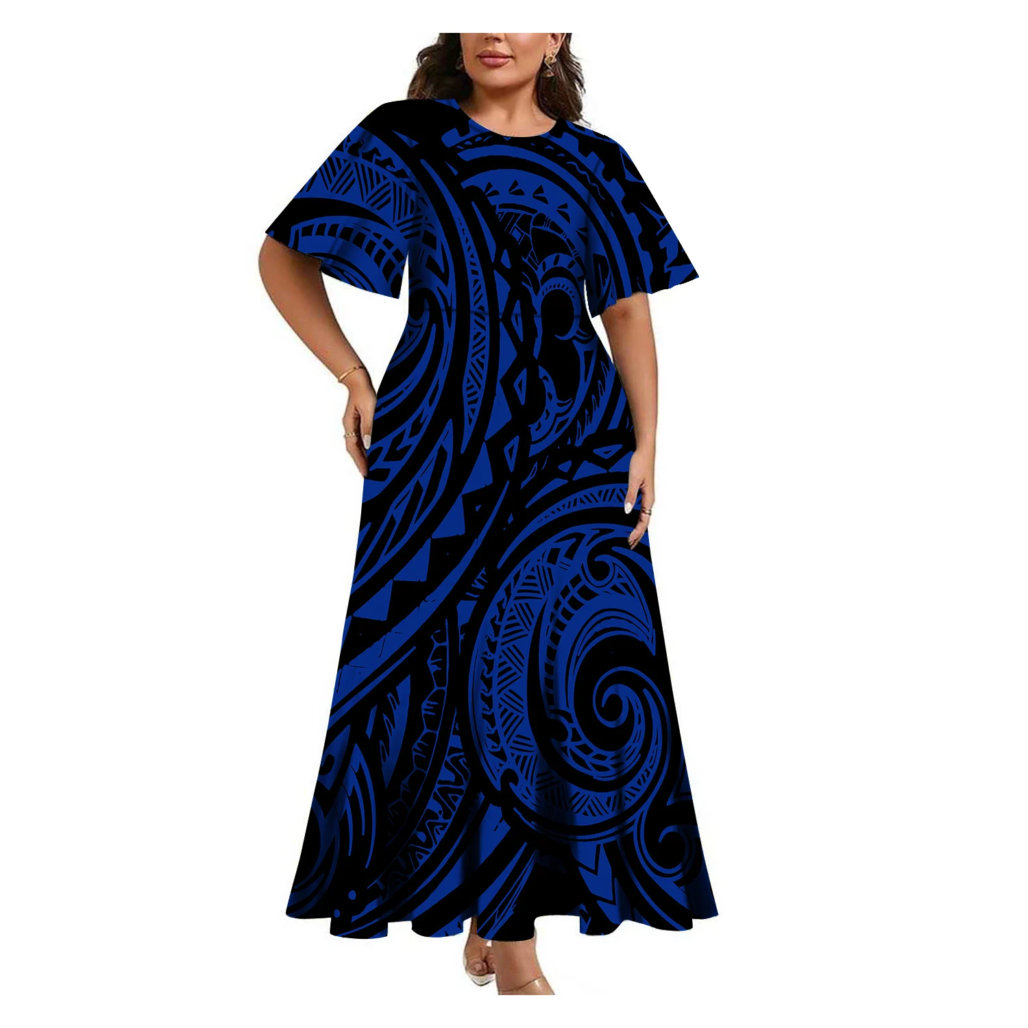 

High-Quality Elegant Soft Fabric Women'S Dress Custom-Made Hawaiian Teardrop Collar Mid-Sleeved Long Dress Evening Dress