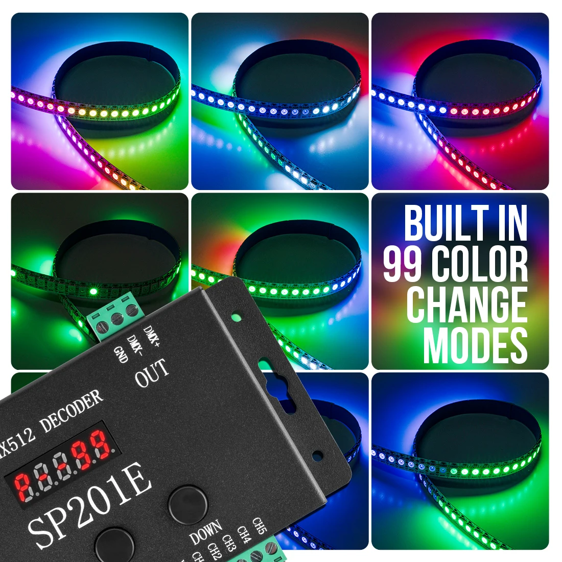 SP201E DMX512 WS2812B WS2811 DMX To SPI Controller Decoder 5CH PWM SPI Pixels LED Light Strip RGB RGBW CCT FCOB DC5V-24V