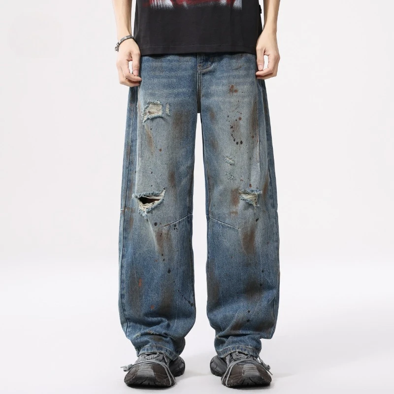 

Women Jeans for Men Retro Y2K Dirty Ink Hole Oversized Street Straight Rap Pants Designer Fashion Trousers Couple Casual Pants