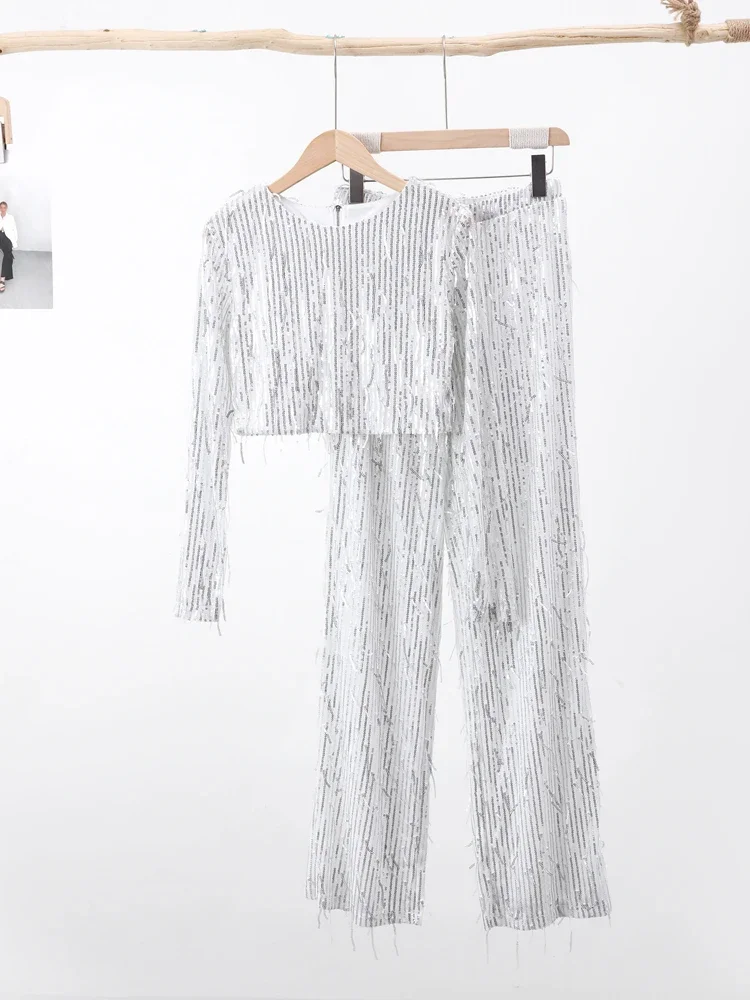 Sequin Party Sets Women Autumn Silver Loose O-neck Crop Tops Wide Leg Pants Female Suit Fashion Street Lady 2 Piece Set