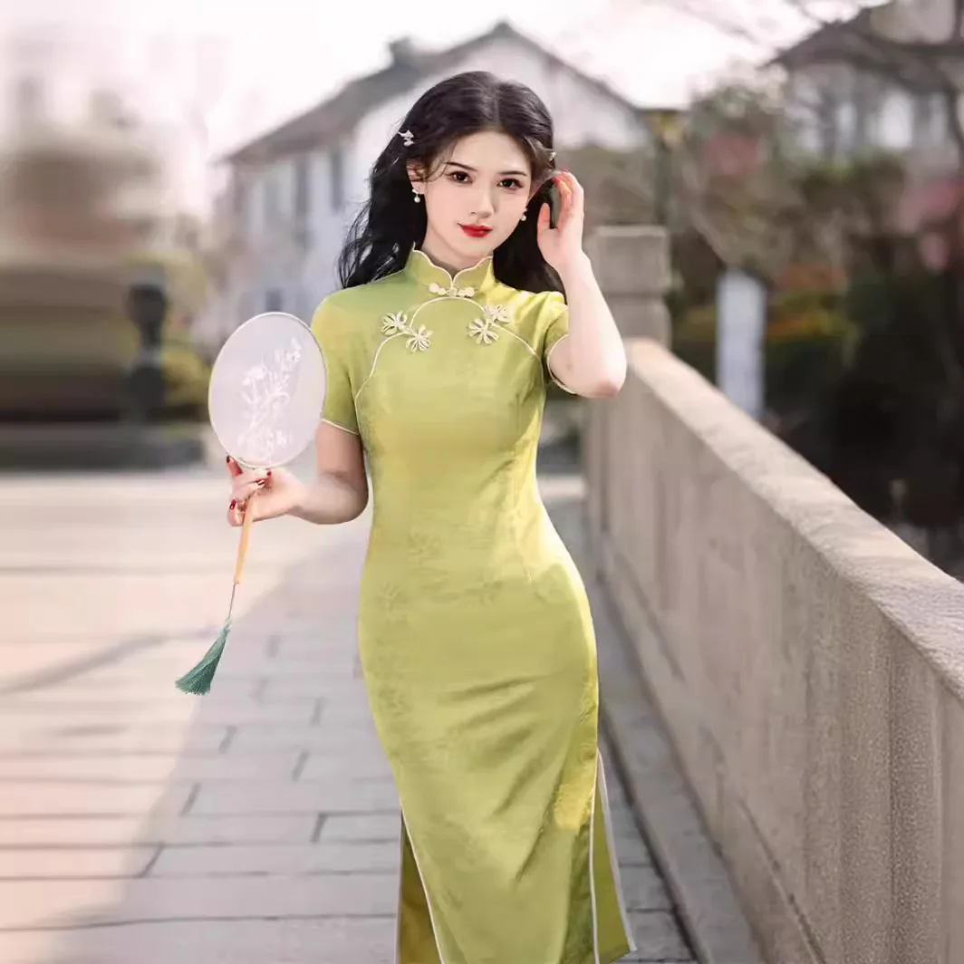Yourqipao Summer Jacquard Flower Button Long Green Qipao Traditional Chinese Clothing Cheongsam Skirt Evening Dress for Women