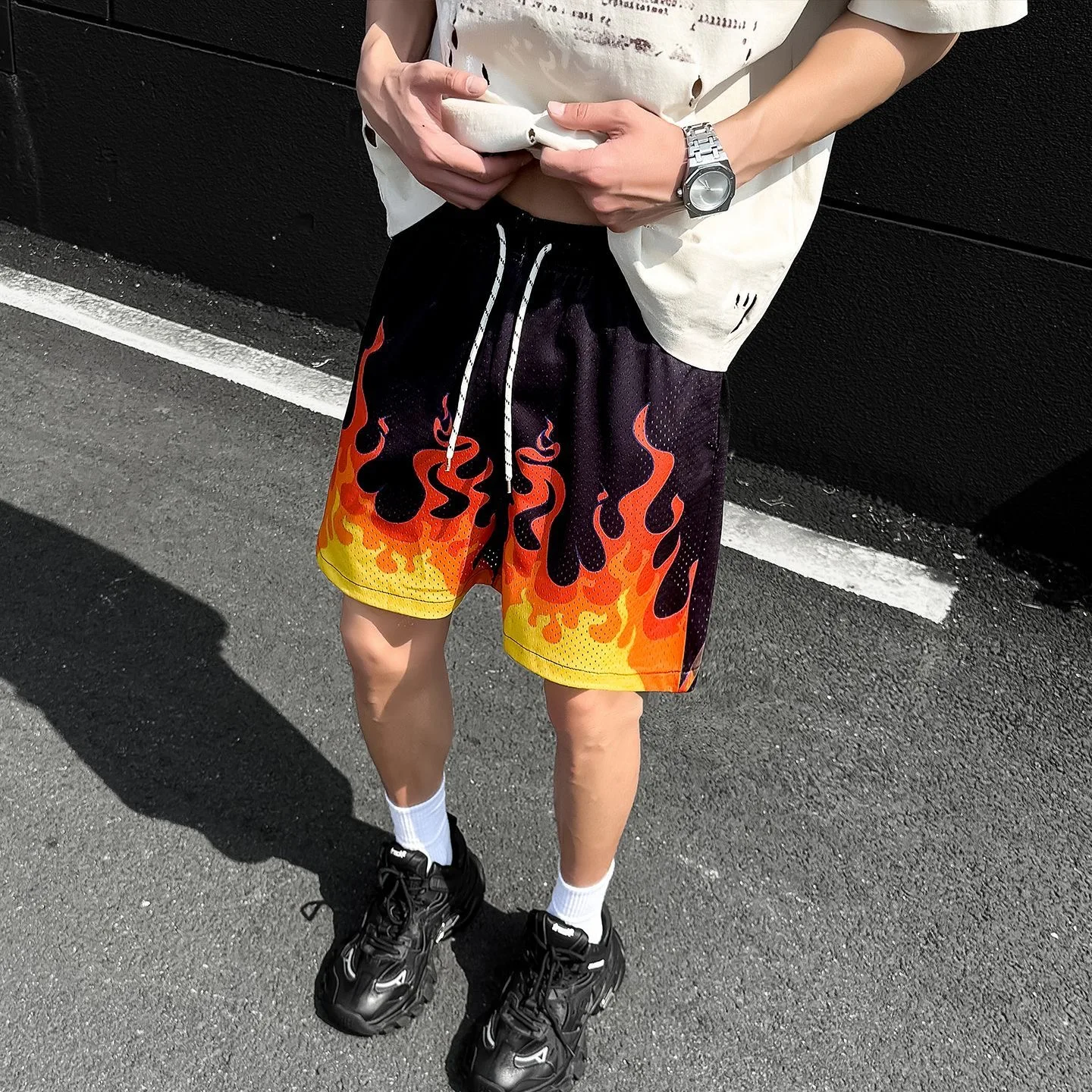 Men Quick Dry Flame Print Short Shorts Male Trendy Ins Chic Training Sport Basketball Shorts Boy Y2K Daily Nightclub Streetwear