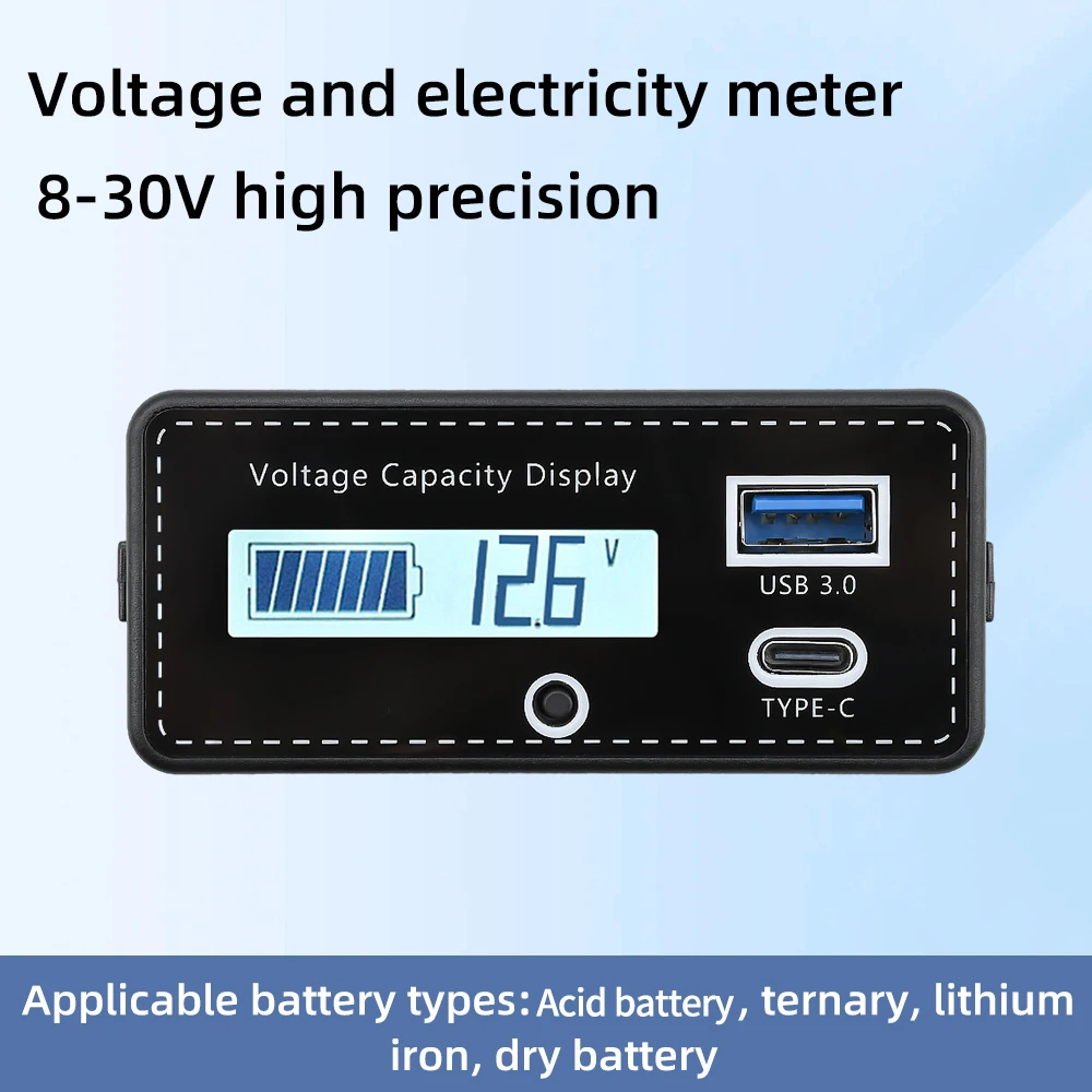 

DC8-30V Battery Capacity Indicator Lead-Acid/Lithium iron/Ternary Lithium Voltage Tester with USB3.0 Type-C for Car Motorcycle