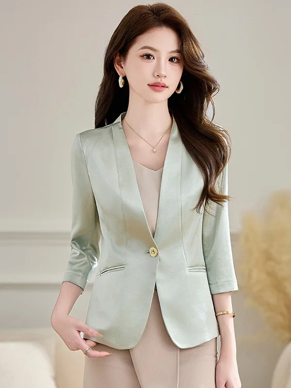 

Elegant V-Neck Acetate Satin Women's Fashion Slim Fit Style Summer New Arrival Waist-Cinching Ladies' Suit Jacket
