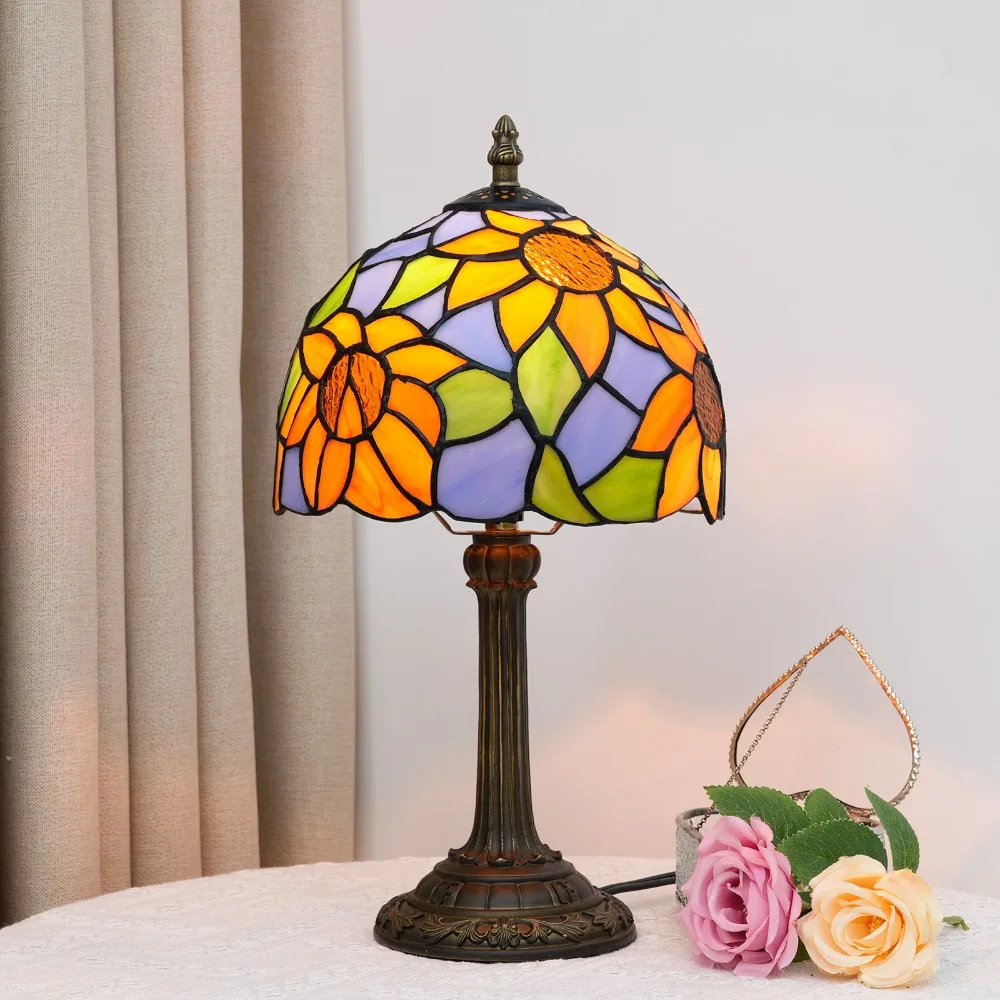 

20cm Tiffany Stained Glass Desk Lamp American Pastoral Blue Sunflower Lampshade Night Light Bedroom Bedside Table Lamp