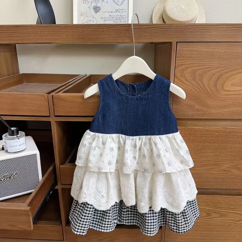 

2025 Summer Daily Basic Girls' Dress Sleeveless Lace Grid Flower Print Splicing Cake Dresses Children's Clothing 1 3 5 6 Y