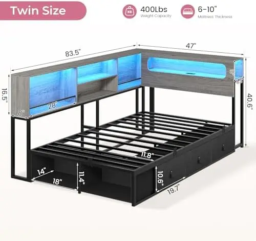 Twin Corner Bed Frame with Bookcase Storage & LED Light Headboard, Charging Station, Metal Daybed with 3 Drawers & 2