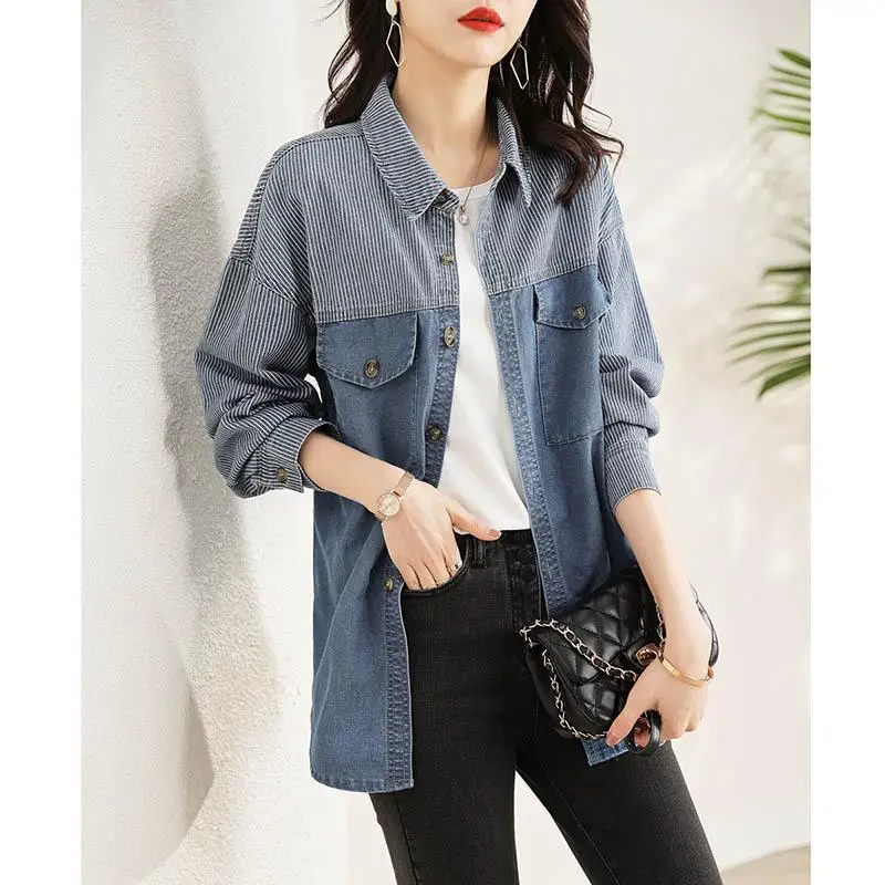 

New Female Cowboy Middle Length Coat Fashion Women Xiaoxiangfeng Cowboy Jacket Spring Autumn Ladies Loose Jeans Outerwear