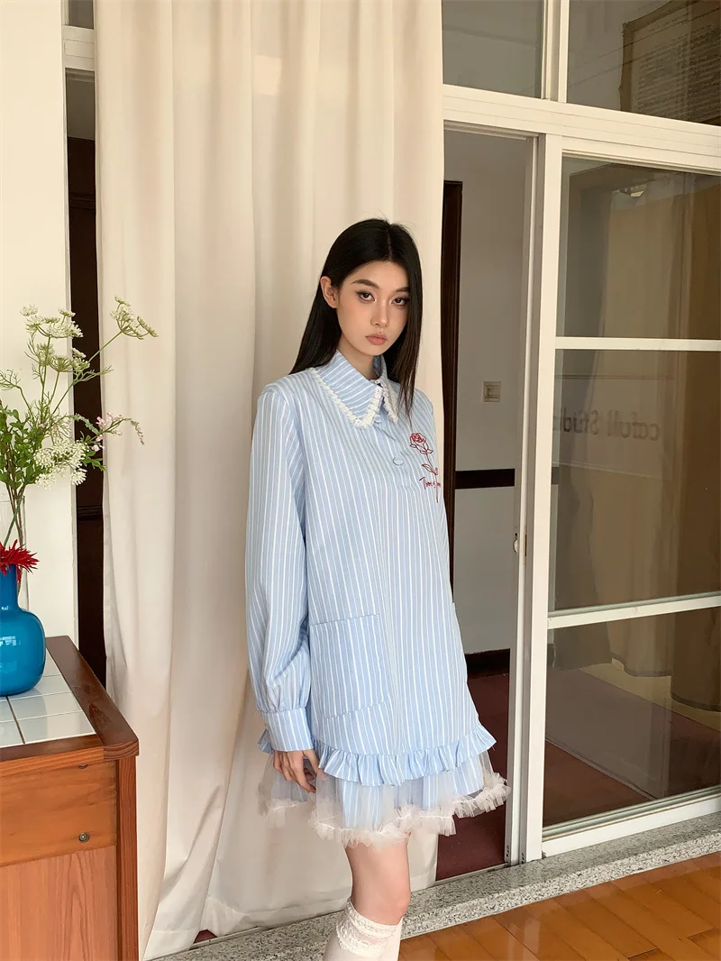 CHEERART Blue Striped Peter Pan Collar Long Sleeve Cute Short Dress Women Lace Patchwork Mini Dress Fall Korean Fashion