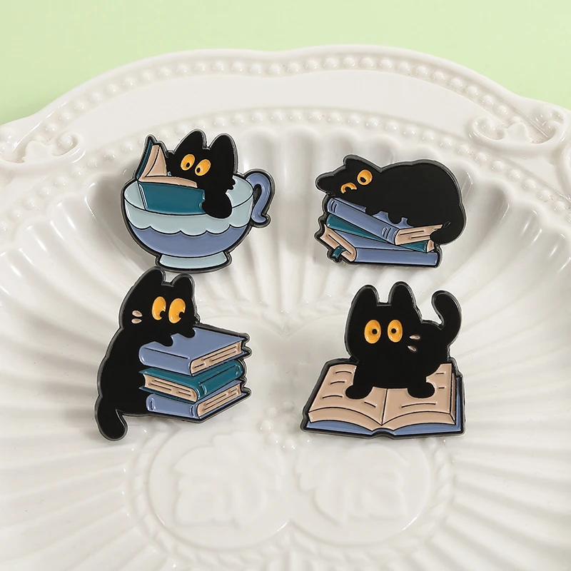 Cartoon Animal Series Enamel Pins Reading Book Cat National Treasure Panda Cute Rabbit Brooches Lapel Badge Funny Jewelry Gifts