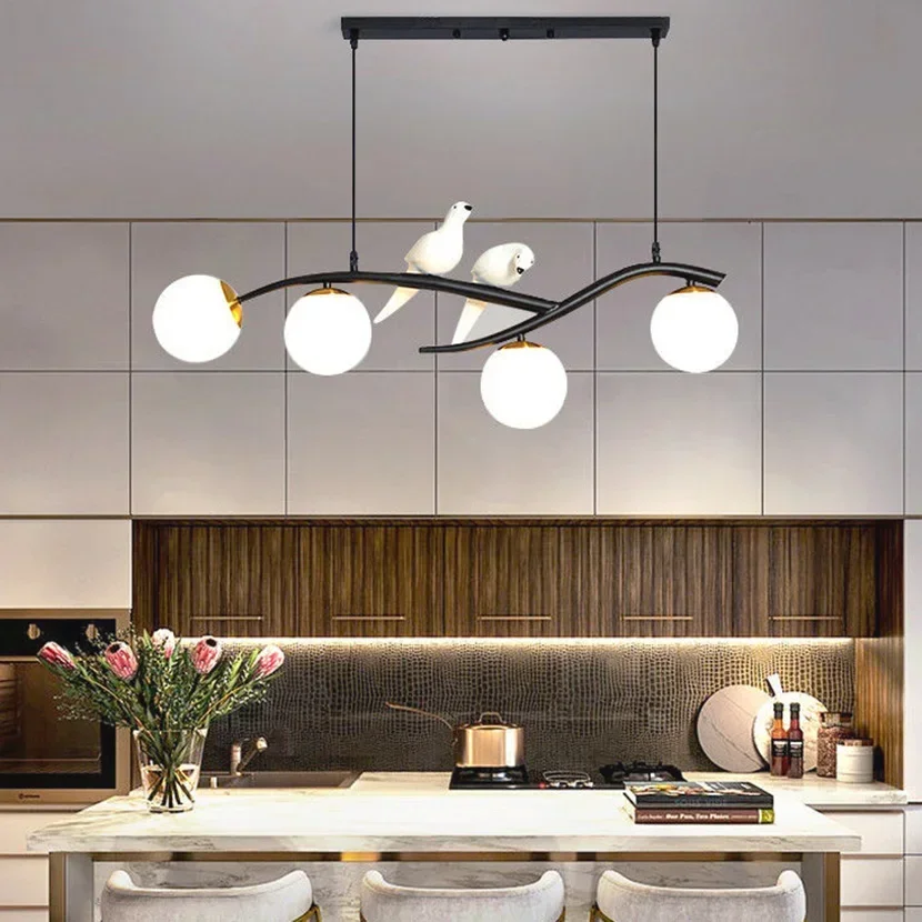 Horizontal Modern Glass LED Chandelier Luxury Black Golden Iron Pendant Light with Birds Hanging Lamps Kitchen Island Light