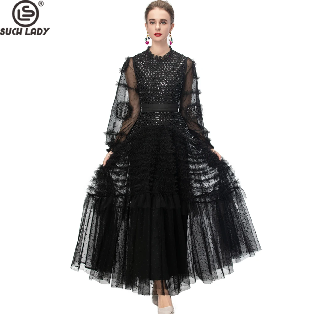 

Women's Black Sequin Long Sleeve Maxi Dress - Elegant Tulle Layered Formal Evening Gown with Sheer Bell Sleeves