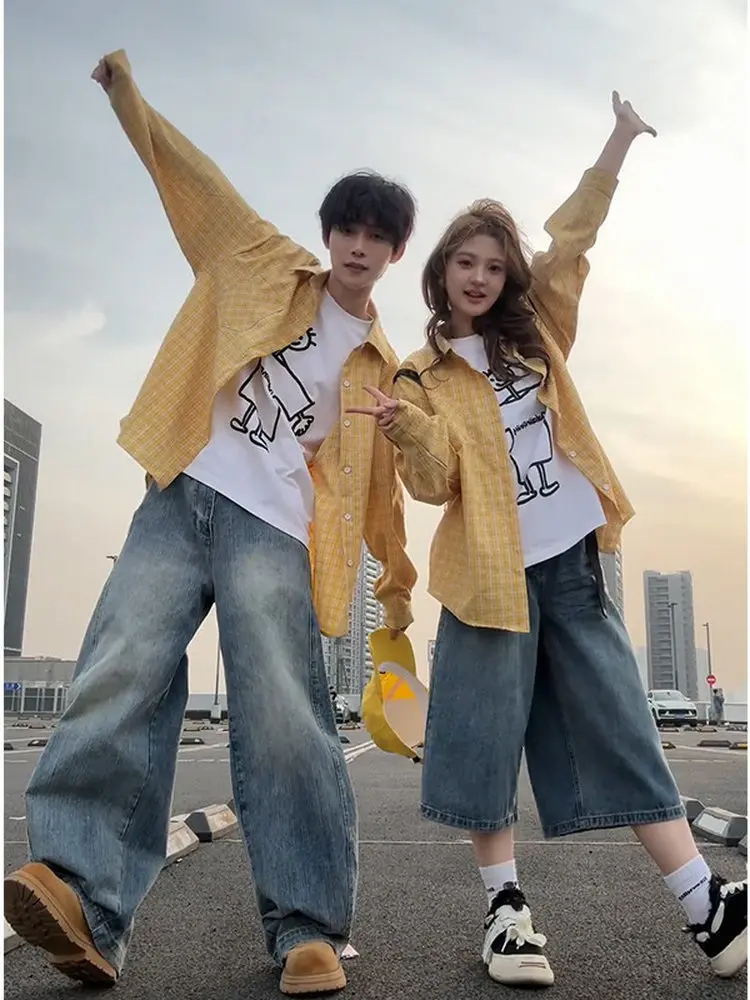 

Retro Plaid Yellow irt Spring Summer Korean Sle Spor Casual Long Sve Loose Fit Sun Protection Outerwear for Youth