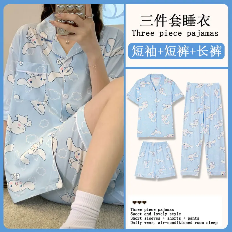 

Summer New 3pcs Women's Lapel Short Sleeved Shorts Home Clothes Set Kawaii Women's Trousers Cardigan Short Sleeved clothing