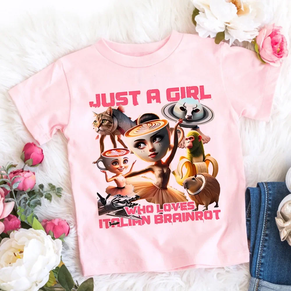Hot Italian Brainrot T-shirts for Children Anime Cartoon Short Sleeved Shirt Boys Girls Summer Fashion Top Kids Clothes Gifts