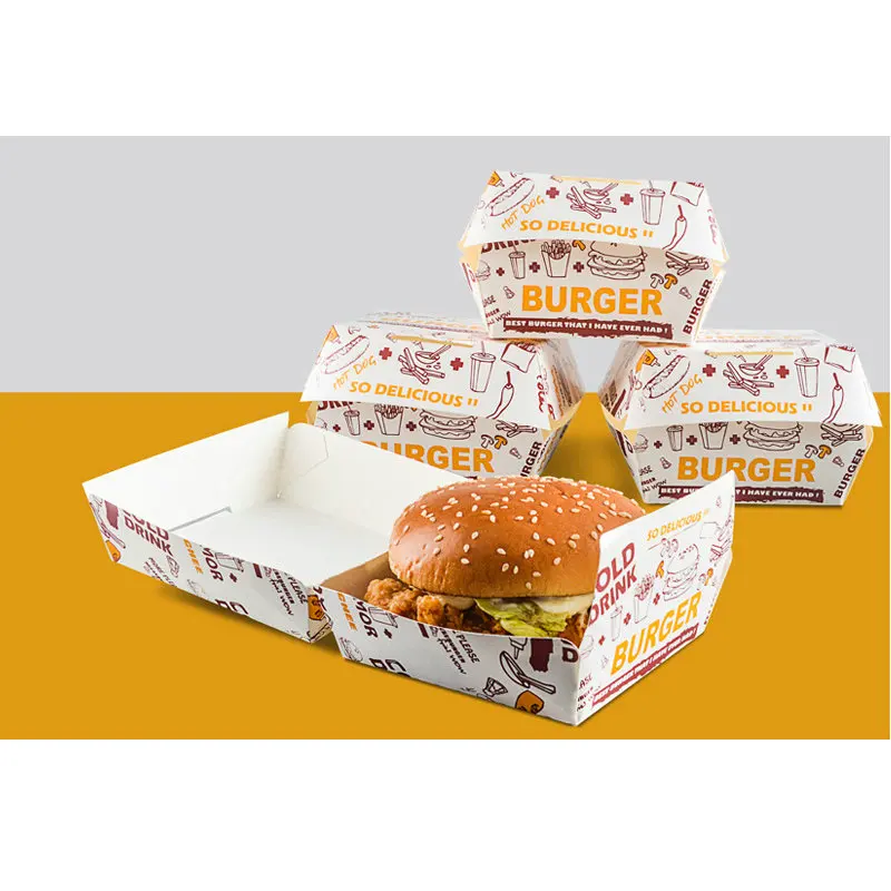 Cajas de papel de grado alimenticio personalizadas, productos personalizados con su propio logotipo, caja de hamburguesa de embalaje para llevar comida de restaurante