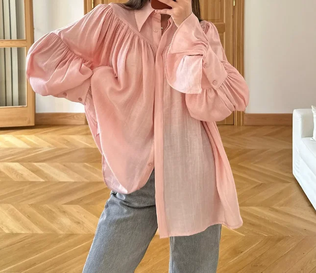 Fashionable style collar, flared sleeves, pleated loose long sleeved shirt top for spring/summer 2025 women's clothing