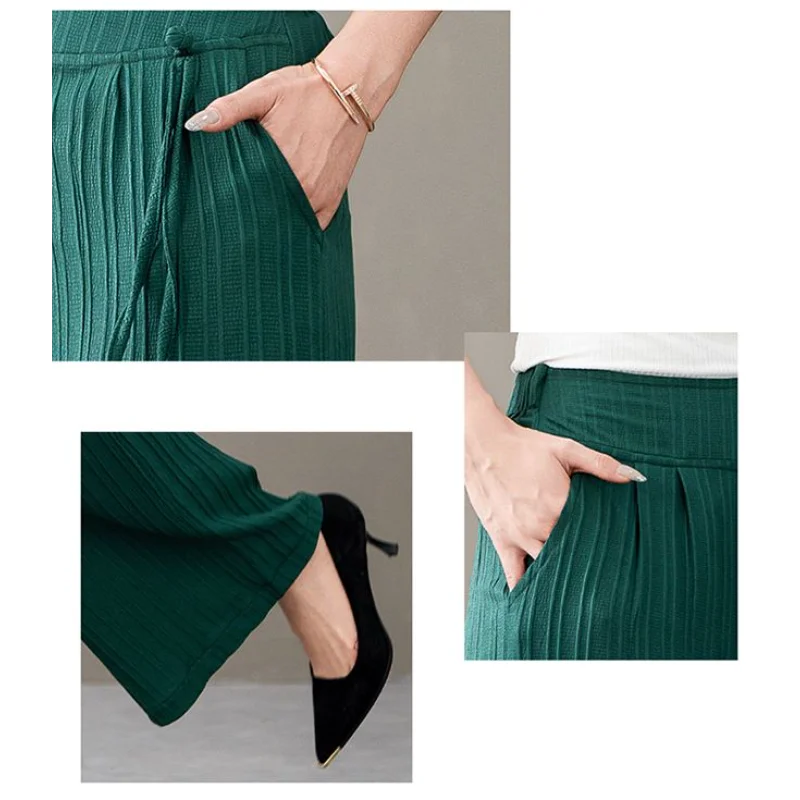 Nieuwe Chinese Stijl Reliëf Wijde Pijpen Temperament Negen-Punt Vrouwen 2025, Nieuwe Elastische Hoge Taille Gesp Casual Broek