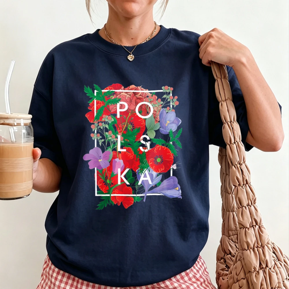 POLSKA Poland Red Poppy Wildflowers Square Frame Floral Letter Print Women Cotton T Shirt National Flower Patriotic Casual Tees