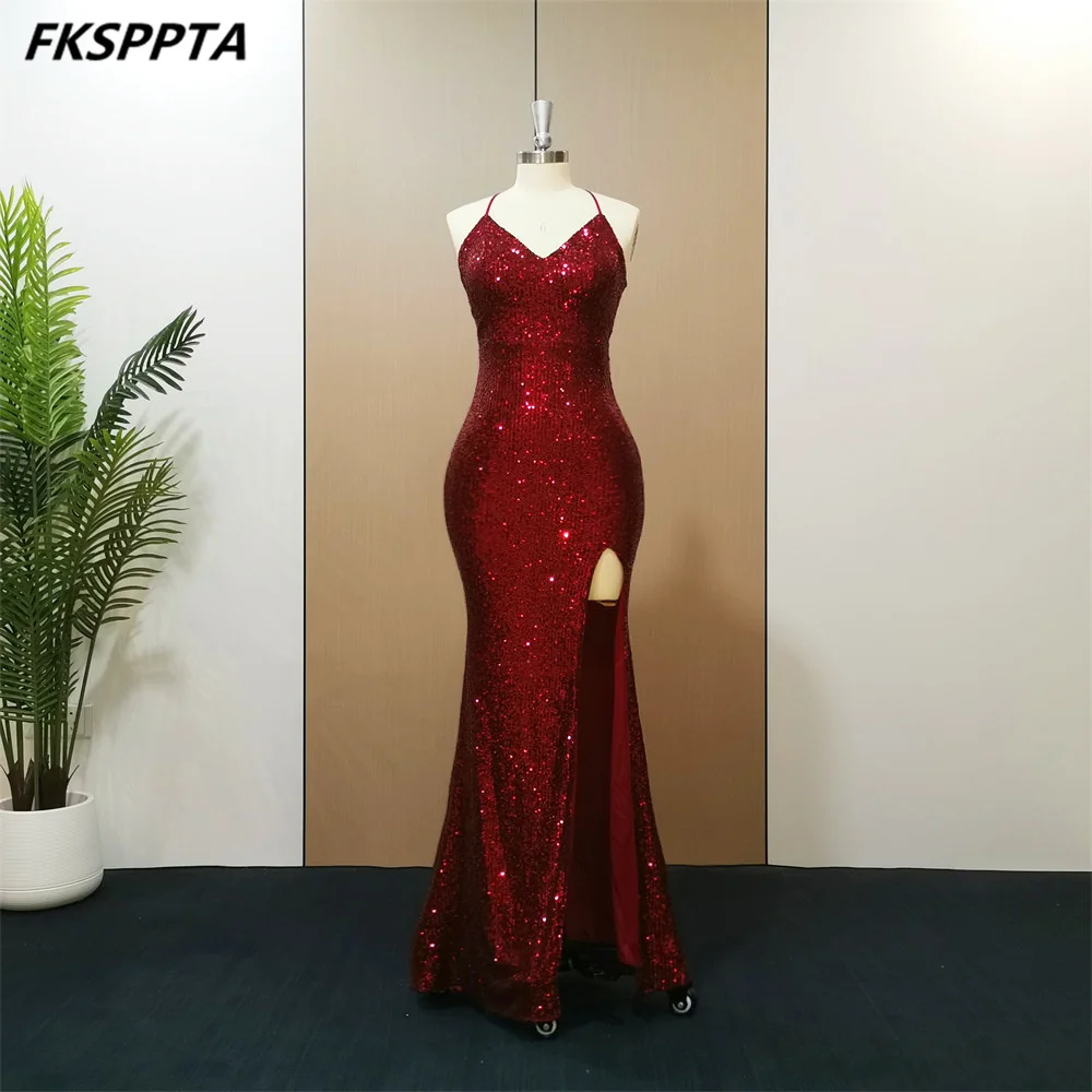 

Wholesale Long Mermaid Evening Dress Floor Length Elastic Sequins Side Slit Sexy Wedding Party Gowns 2023 In Stock Formal Dress