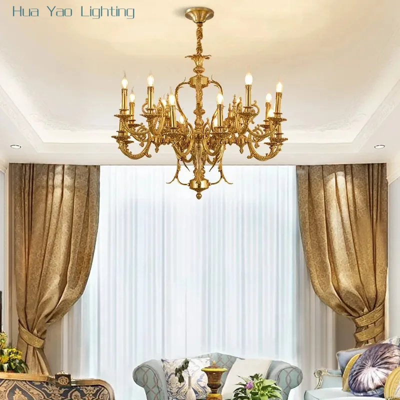 European Copper Pendant Light Luxury Villa Hall Living Room Lamp French Retro Brass Candle Chandelier