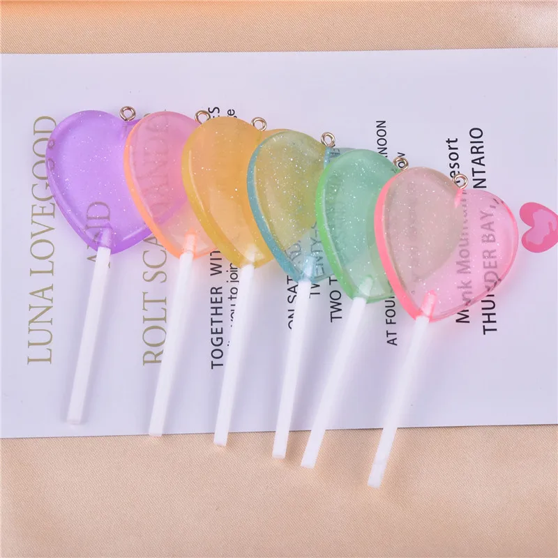10Pcs Blingbling Glitter Hearts Lollipop Resin Charms Imitation Candy Pendants for Jeweley Making DIY Keychains 85x22mm