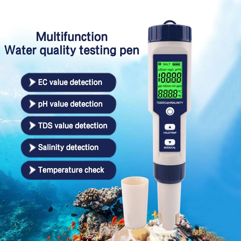 

5 IN 1 PH Temperature TDS EC Salinity Meter Digital Waterproof With Automatic Calibration Function Water Quality PH Tester