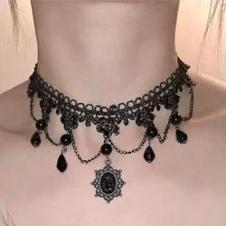 Korean Fashion Sexy Lace Flower Choker Necklace for Women Black Crystal Tassels Gothic Charm Halloween Jewelry Christmas Gifts