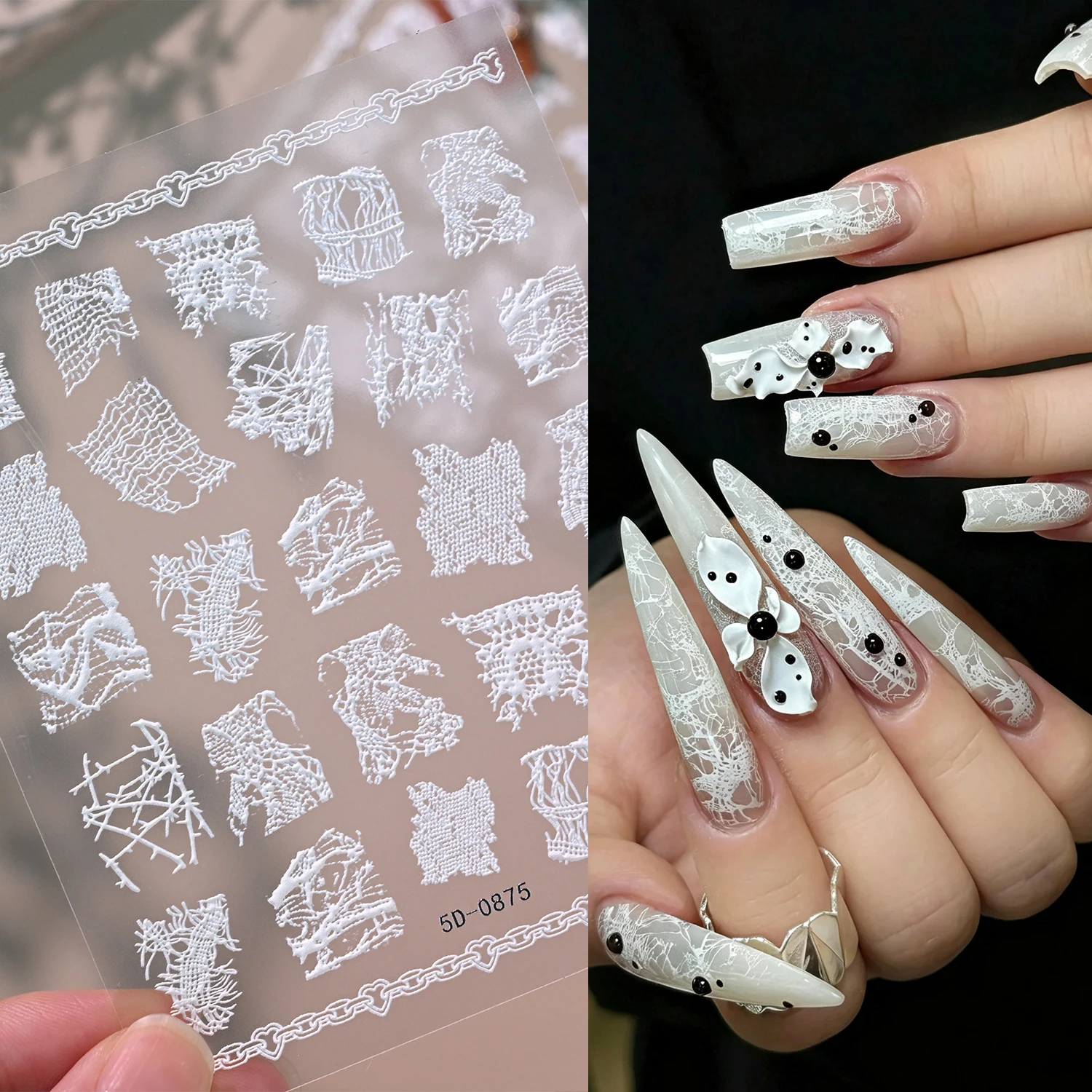 1Pc Embossed White Broken Lace Nail Stickers Square Fragment Mesh Self-Adhesive Nail Decals Gothic Wasteland DIY Nail Art Decors