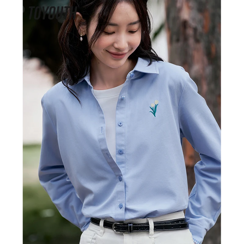 

Toyouth Women Shirts 2023 Spring Long Sleeve Polo Neck Loose Blouse Flower Embroidery Four Colors Elegant Chic Tops