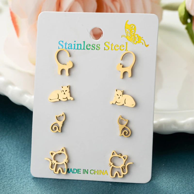 4Pairs/Lot Lovely Stainless Steel Cat Earrings for Women Cartoon Animal Kitty Jewelry Kitten Ear Studs Party Anniversary Gifts