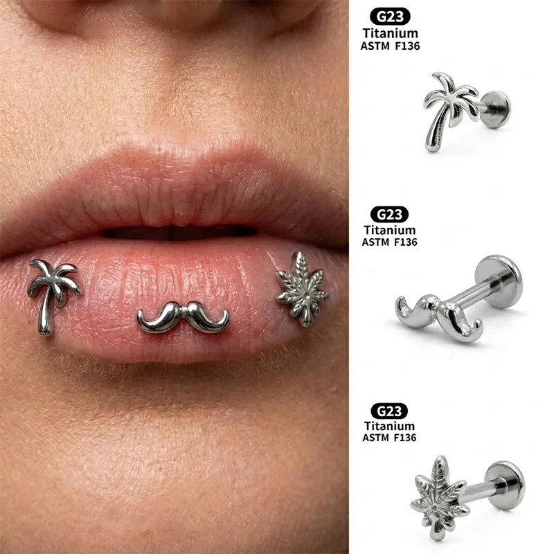 G23 Gothic Earring Popular Palm Tree Beard Mustache Leaf Design Flat Back Women Adult Artistic Trendy Glossy Stud Jewelry