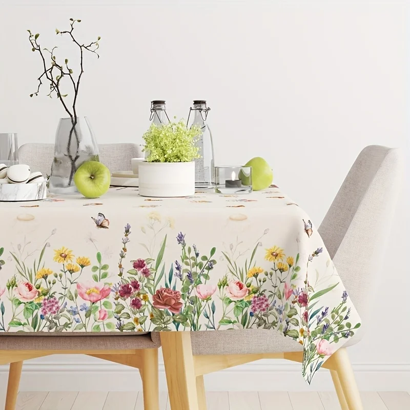1pc, Plastic Tablecloth with Wildflower Design, Disposable Tablecloth Featuring Flower And Butterfly Patterns, Decorations for H