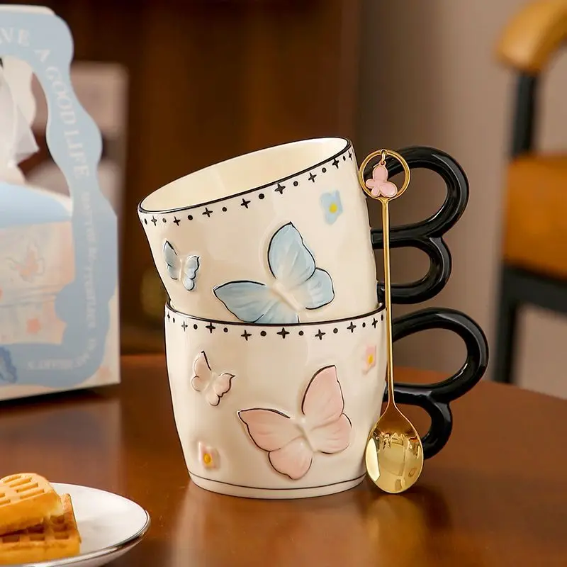 

Butterfly Couple Pair Cup, Birthday Gift For Girls, Office Mug, Handheld Gift, Coffee, Breakfast, Ceramic Water Cup
